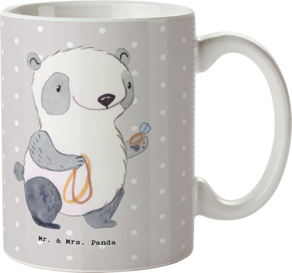Mr. & Mrs. Panda Tasse Juwelier Herz - Grau Pastell - Geschenk, Henkelpott, Teetasse, Becher, Schmuckgeschäft, Shopping, Goldschmuck, Goldschmied,...