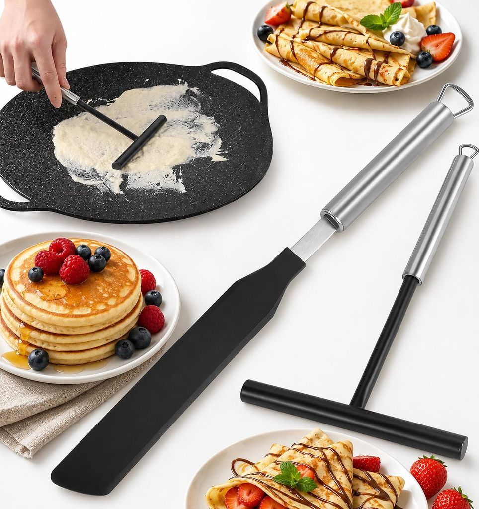 OKWISH Pfannenwender, Edelstahl & Silikon Teigschaber Set, 2-teilig, Spatel & Pfannkuchenwender für Crêpes, Pfannkuchen & Backen – Robust & Pra...