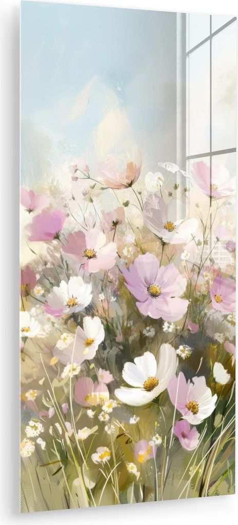 MuchoWow Glasbilder - Bilder auf Wandbild - Foto auf Glas Blumenfeld - Helle Farbtöne - Gemalt 40x80 cm Wanddekoration aus Glas - Acrylglasbild - ...