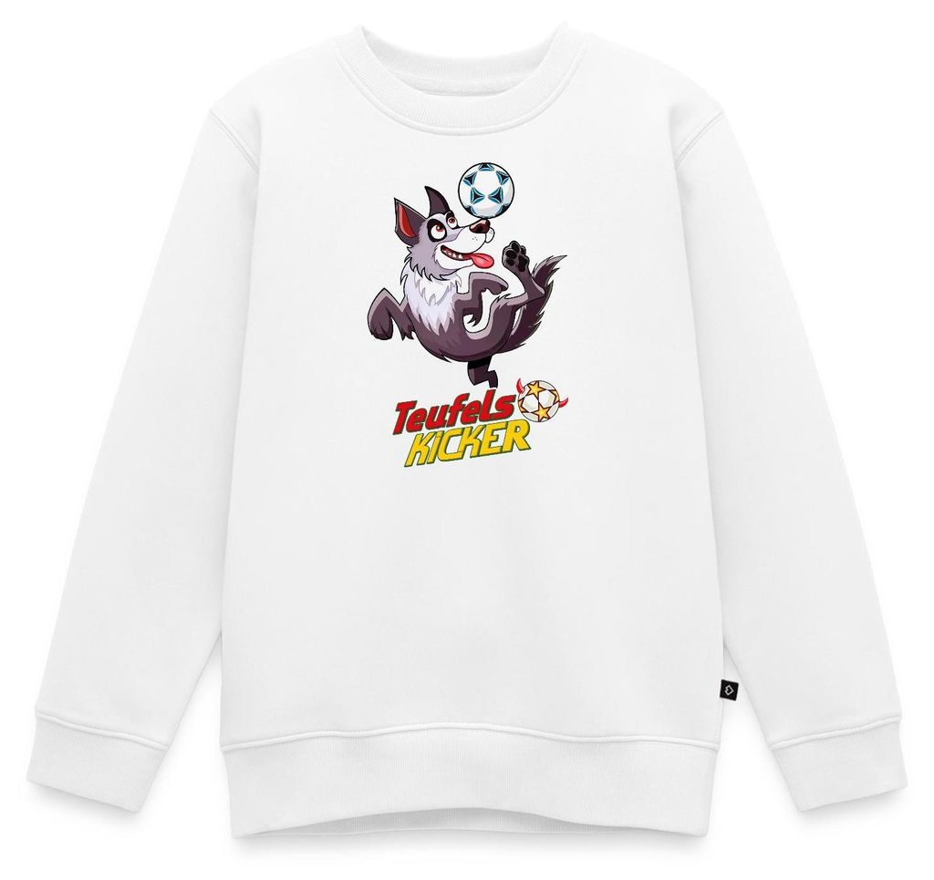 Spreadshirt Teufelskicker Hund Cico Mit Fußball Kinder Premium Pullover, 122/128 (6 Jahre), Weiß