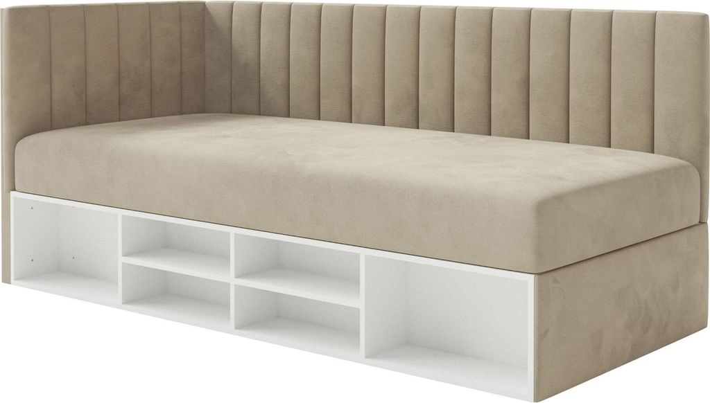 Selsey Ventrio - Jugendbett linksseitig mit Regalen, Easy-Clean-Samtbezug, graubeige
