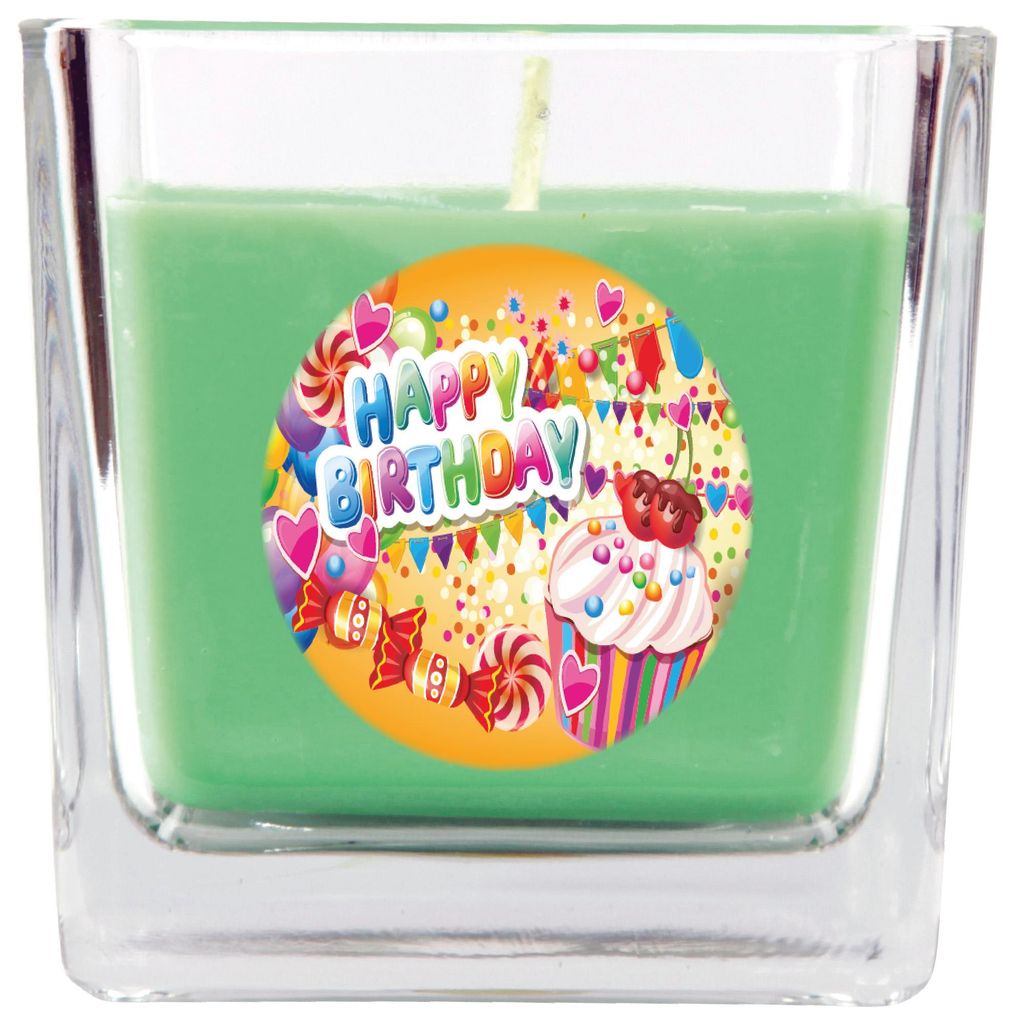 Duftkerze im Glas Coconut Limes – Happy Birthday Cupcake, Viereck mit Deckel, ca. 50 Std. Brenndauer, Geschenk-Deko zum Geburtstag