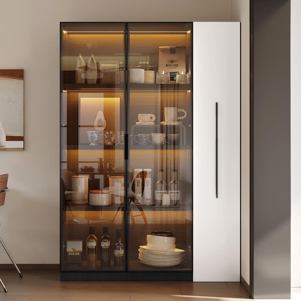 okwish Vitrine mit Glastür Bücherregal mit LED-Beleuchtung,Moderner Hochschrank mit Seitenzug,Rollschrank für Wohnzimmer und Esszimmer,Schwarz