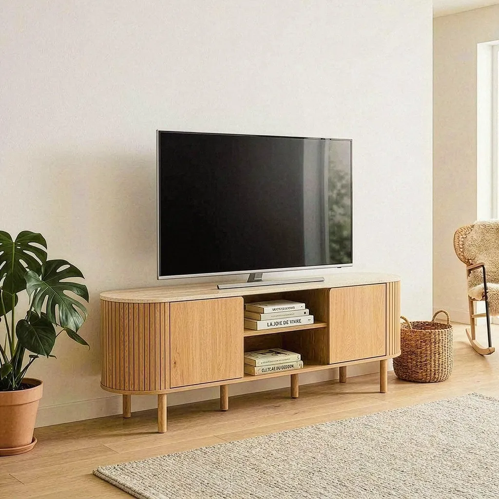 Meuble TV Salon 140 cm HELIOS Plateau Travertin Rangement Multimédia