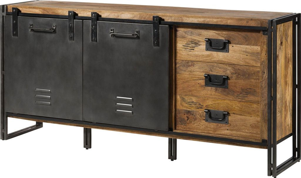 MASSIVMOEBEL24 Sideboard Mango 195x45x90 natur lackiert / Metall grau BLACKBURN #307