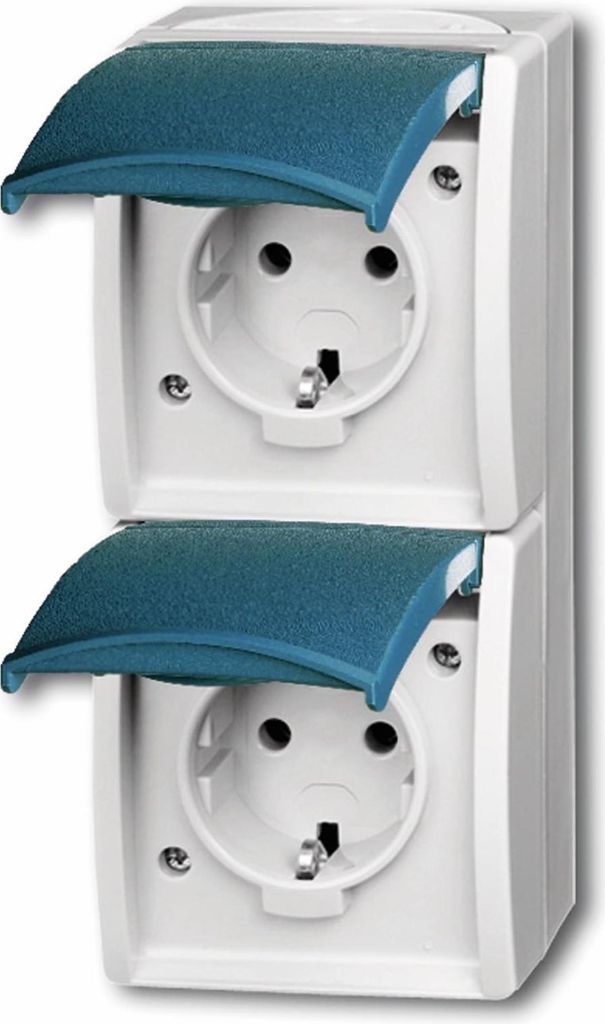 A close-up studio shot of two stacked white electrical outlets with blue protective covers.
