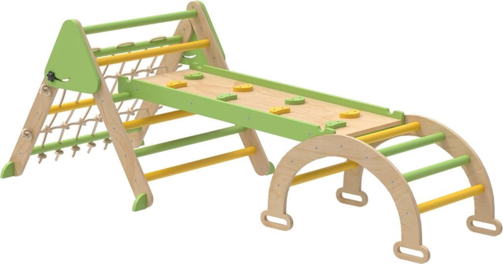 8-in-1 Montessori Klettergerüst Indoor Holz Kletterdreieck mit Kletterbogen, doppelseitiger Rutsche, Grün,