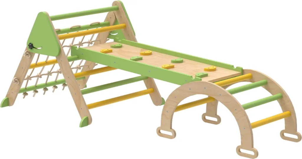 Aire de jeux intérieure en bois 8-en-1 avec triangle et rampe de glisse