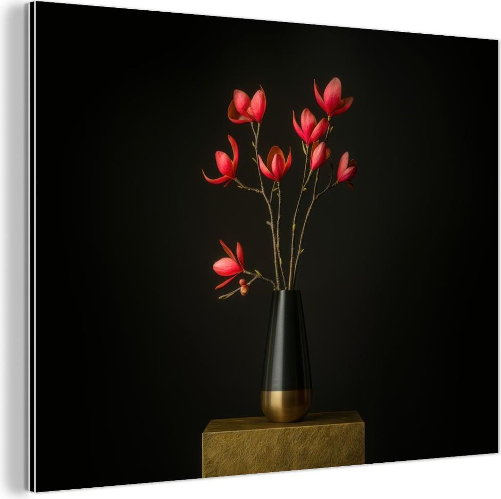 MuchoWow Wanddekoration Metall Metallbild Wandkunst 40x30 cm Rot - Blumen - Vase MuchoWow Aluminium Gemälde - Dekoration Wohnzimmer