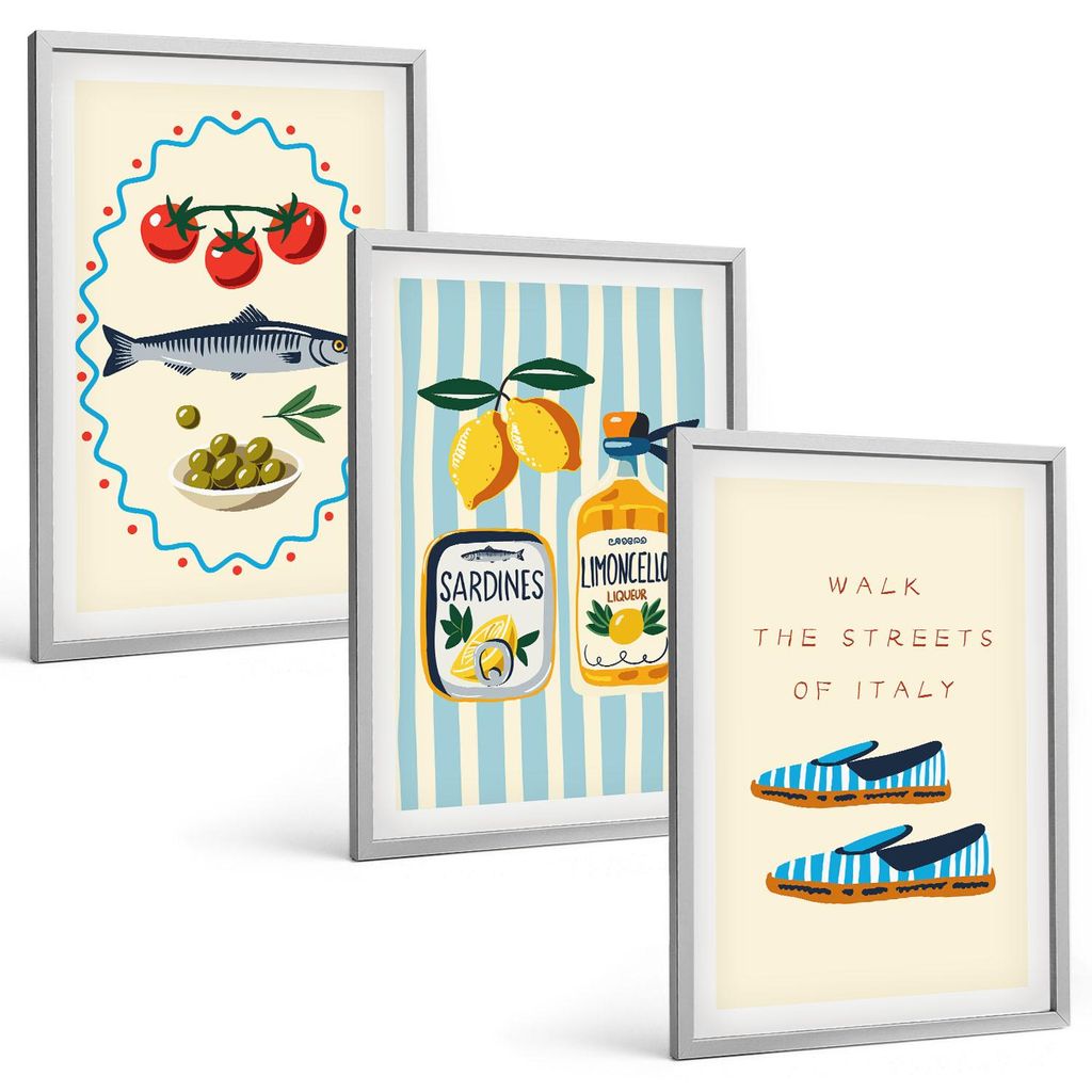 Bilder Set 3-teilig im silbergerahmten Rahmen – Wandbilder 3 Stück – gerahmte Poster für Wohnzimmer, Schlafzimmer und Flur – 40x60 cm – I...