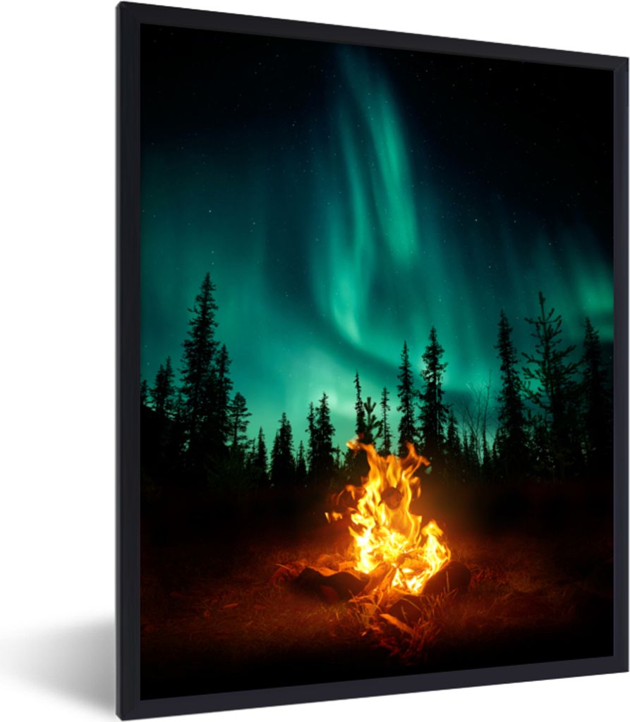 MuchoWow MuchoWow Gerahmtes Poster Nordlichter - Lagerfeuer - Wald 60x80 cm - Poster mit zchwarzem Bilderrahmen - Premium - Wanddeko Wohnzimmer