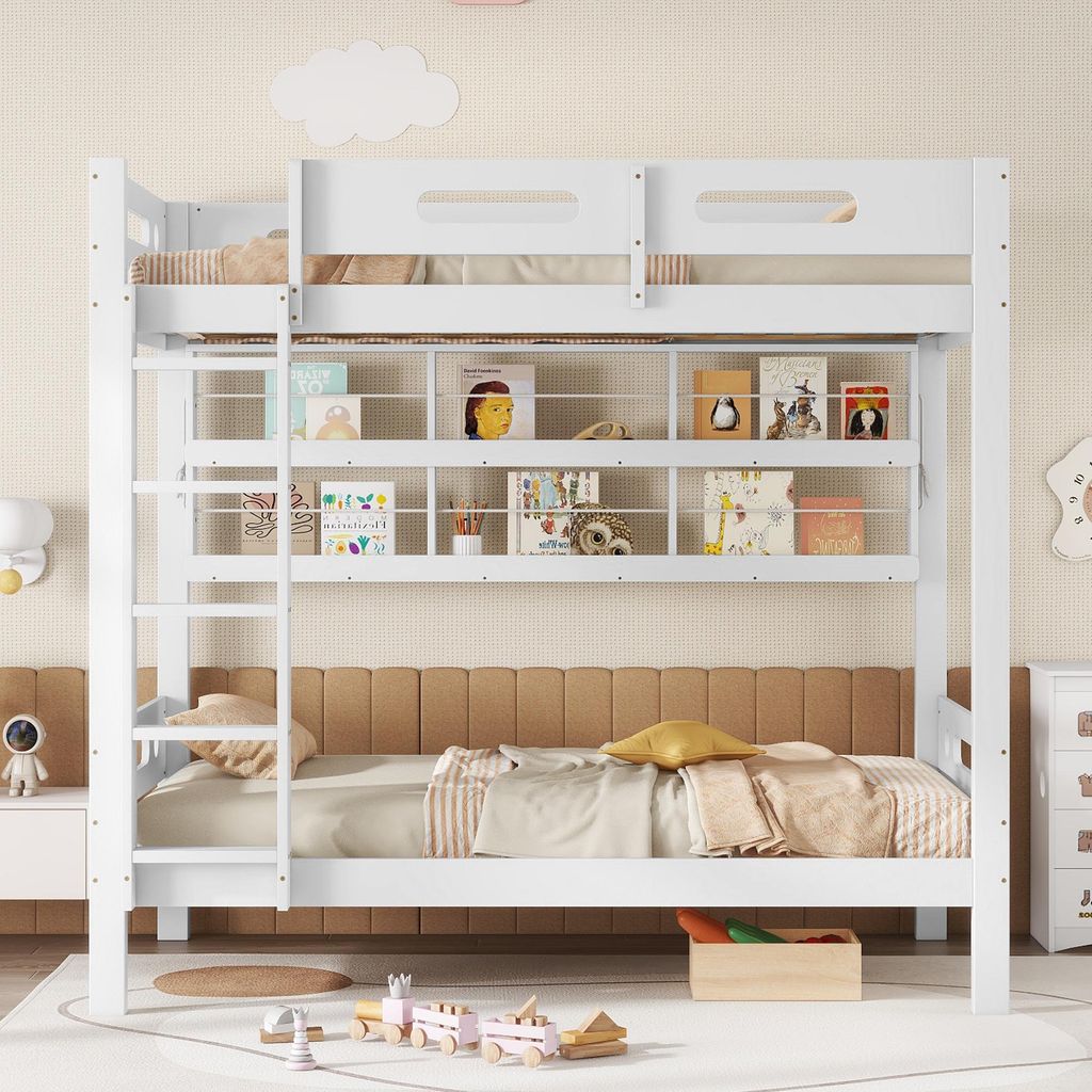 Merax Etagenbett 90x200 mit Regal, Holzbett mit Fallschutz und 5-Stufen-Leiter, Kinderbett aus Kiefer und MDF, Weiß, ohne Matratze