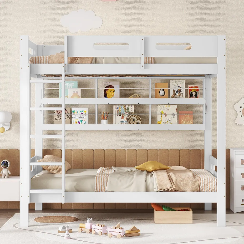 Merax Lit Superposé 90x200 Blanc en Pin avec Étagère Intégrée et Échelle
