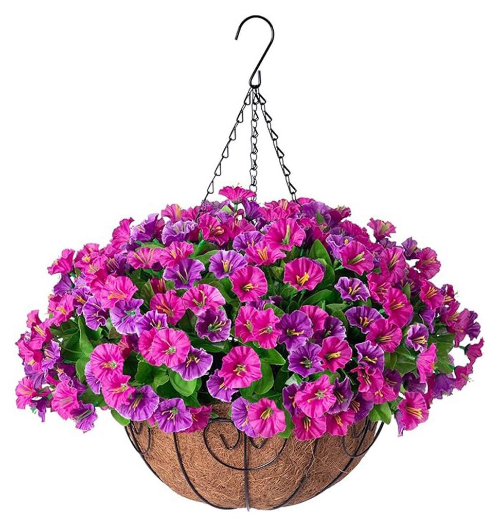 Künstliche Hängeblumen mit Korb, UV-beständige Kunstseiden-Prunkwinden-Ranken für den Außenbereich, ideal für Veranda, Terrasse, Garten, Balk...