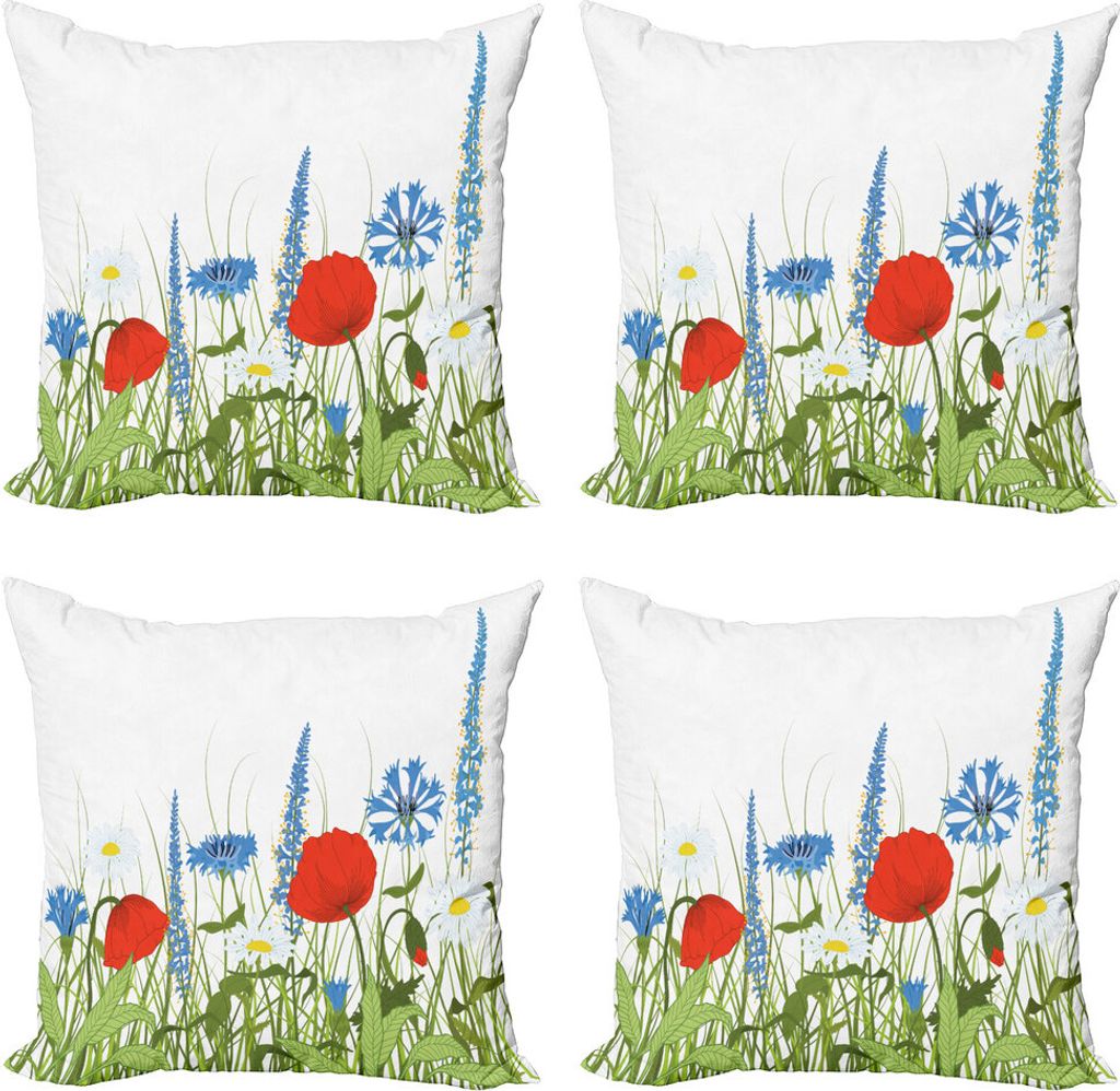 ABAKUHAUS Frühling Kissenbezug Set (4 Stück), Bloomed Mohnblu, Moderner Doppelseitiger Digitaldruck, 50 cm x 50 cm, Apfelgrün Azure Blau