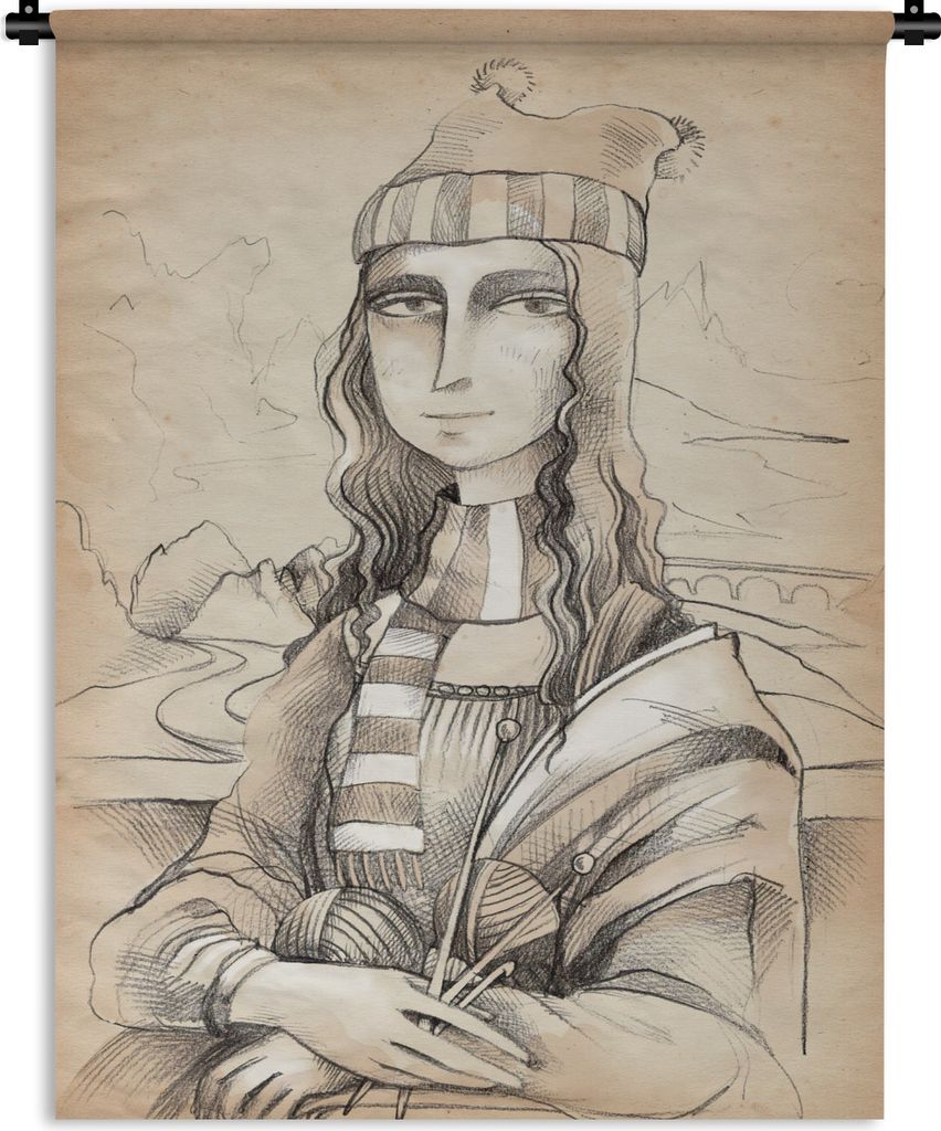 MuchoWow Wandteppich Wandbehang Illustration der Mona Lisa mit einem Halstuch 60x80 cm Tapisserie Dekoration Wandtuch - Decke - Wandtücher - Wohne