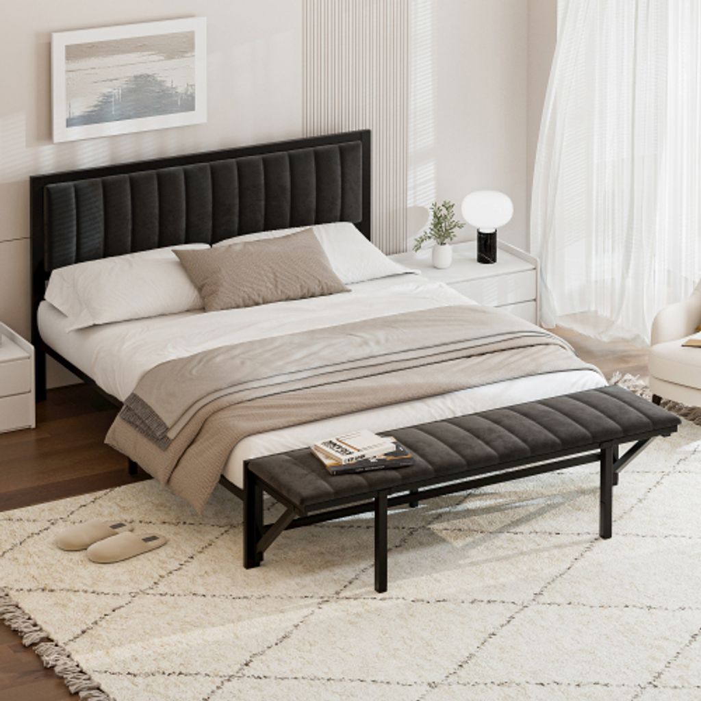 AIORBER Polsterbett, 140x200 cm, mit klappbarem Fußhocker, großer Stauraum, Velours, weich und bequem, Doppelbett, Eisenbettgestell, stabil,Schwarz