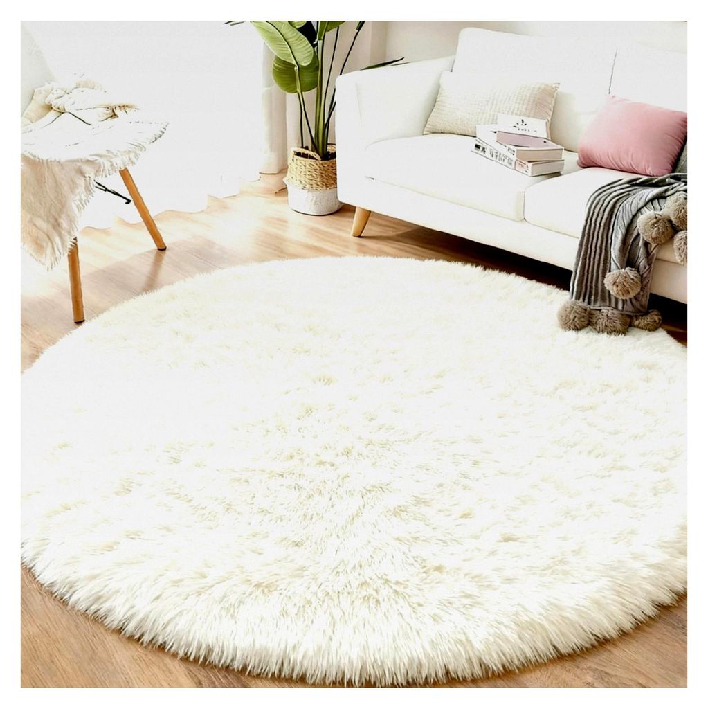 Runder Hochflor Teppich 160 cm Weiß für Wohnzimmer und Schlafzimmer, Flauschig und rutschfest, Waschbar