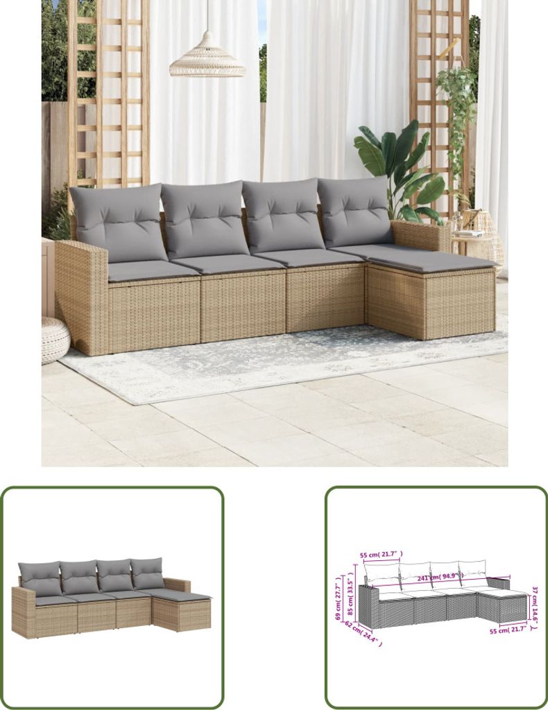 The Living Store 5-tlg. Garten-Sofagarnitur mit Kissen Beige Poly Rattan