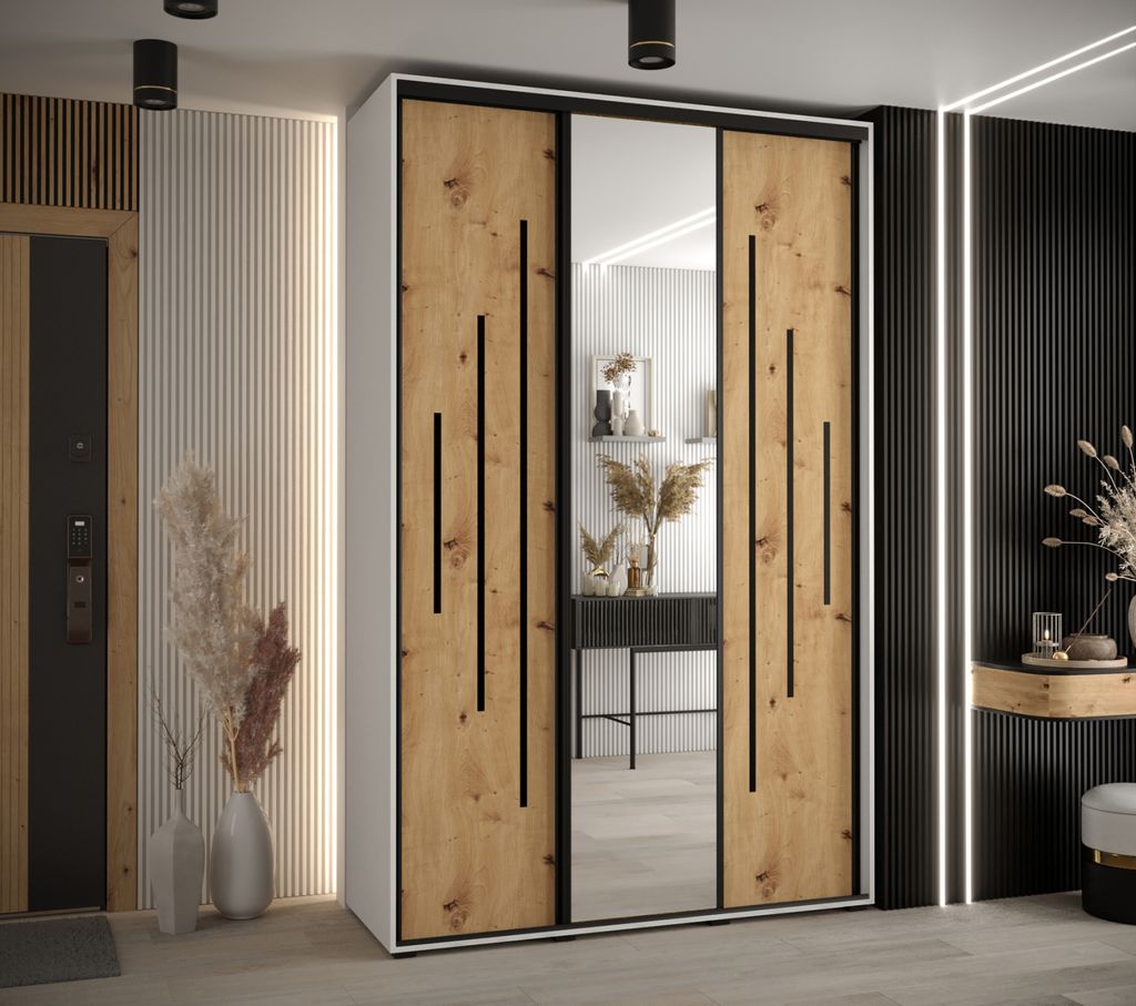 Kleiderschrank ASIRI 13 - 150/45 cm, weiß / Eiche handwerklich / schwarz