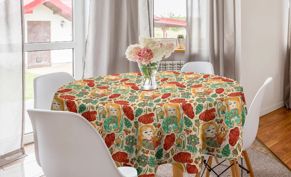 Tovaglia Rotonda 150cm ABAKUHAUS Fiori e Gatti | Arredo Cucina Multicolore