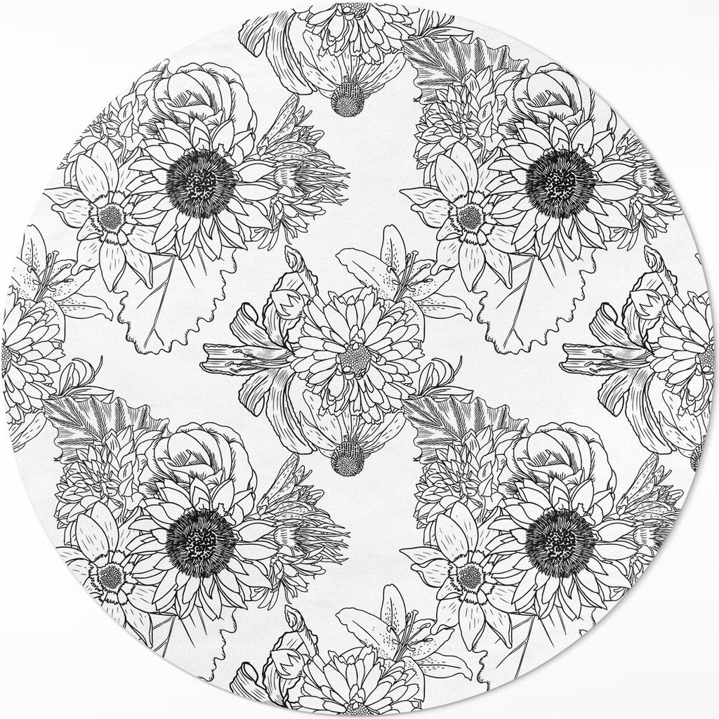 Gezeichnete Sonnenblumen schöne Vintage-Blumen – Vinyl Fußmatte – Ø 50cm – Rutschfest – Pflegeleicht & Langlebig