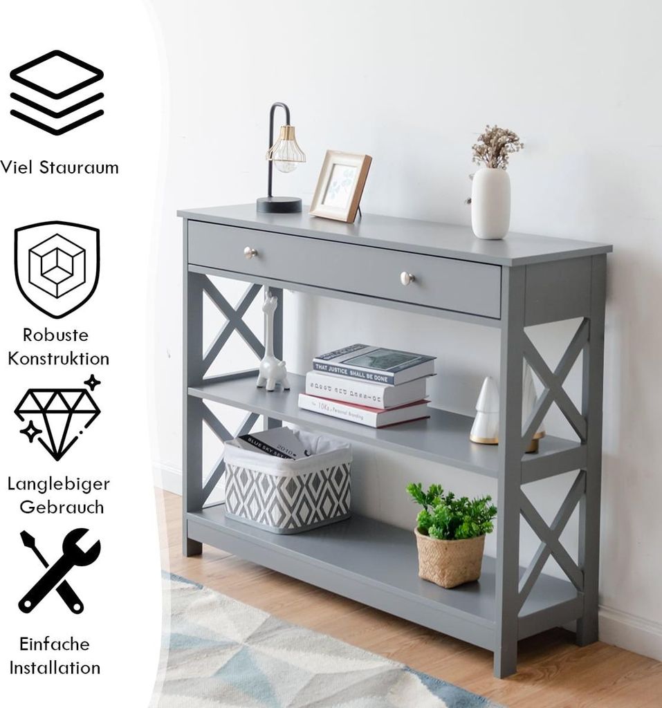 Konsolentisch mit Schublade, 3-stufig, Holz, 100 x 30 x 80 cm, Grau