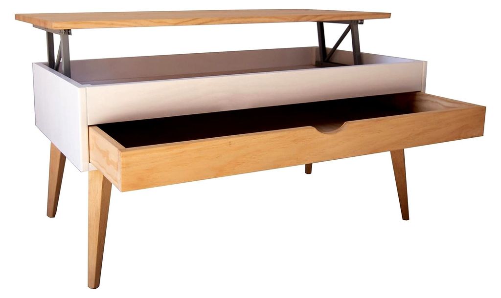 Höhenverstellbarer Couchtisch aus der Sonka-Kollektion mit ausziehbarer Schublade aus massivem Holz, in Holzfarbe und weißer Basis mit konischem ...