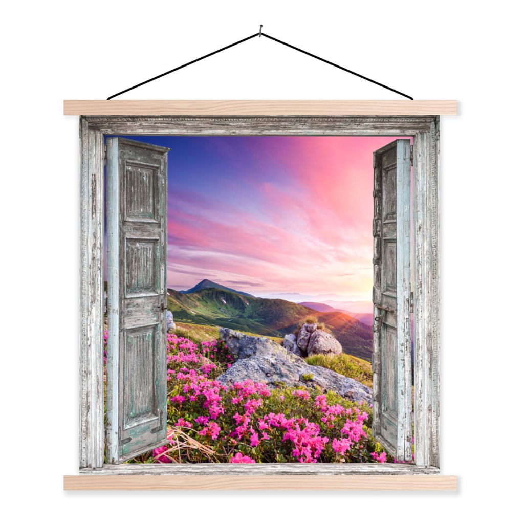MuchoWow Textilposter Berge - Landschaft - Aussicht - Blumen 40x40 cm mit holzfarbenen Rahmen - Posterleiste