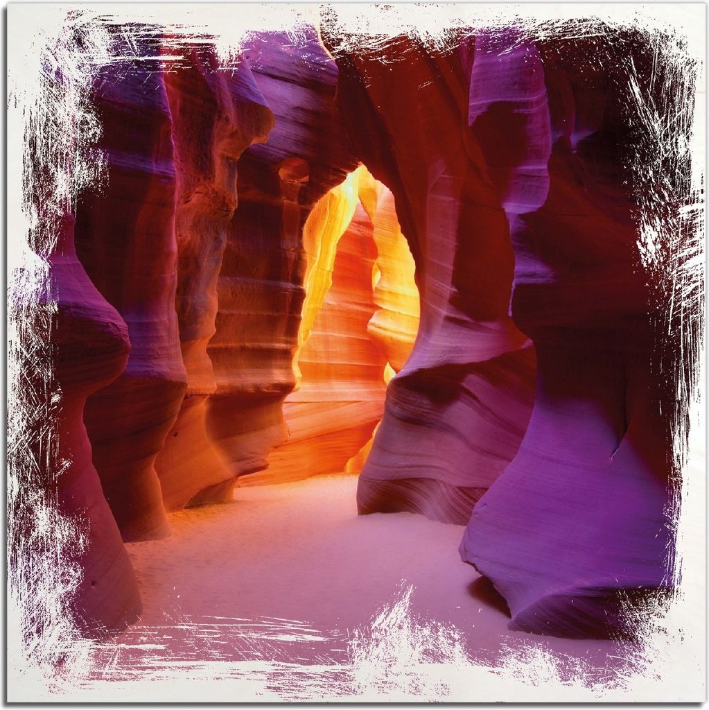 Kunstdrucke Wandbilder Holz in : Brillante Farben, Größe 50 x 50 cm Motiv Felsschlucht in Arizona USA - orange und violett