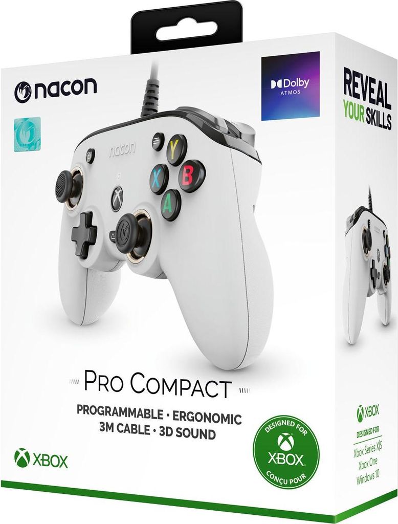 The image shows the packaging of a white Nacon Pro Compact Xbox controller.