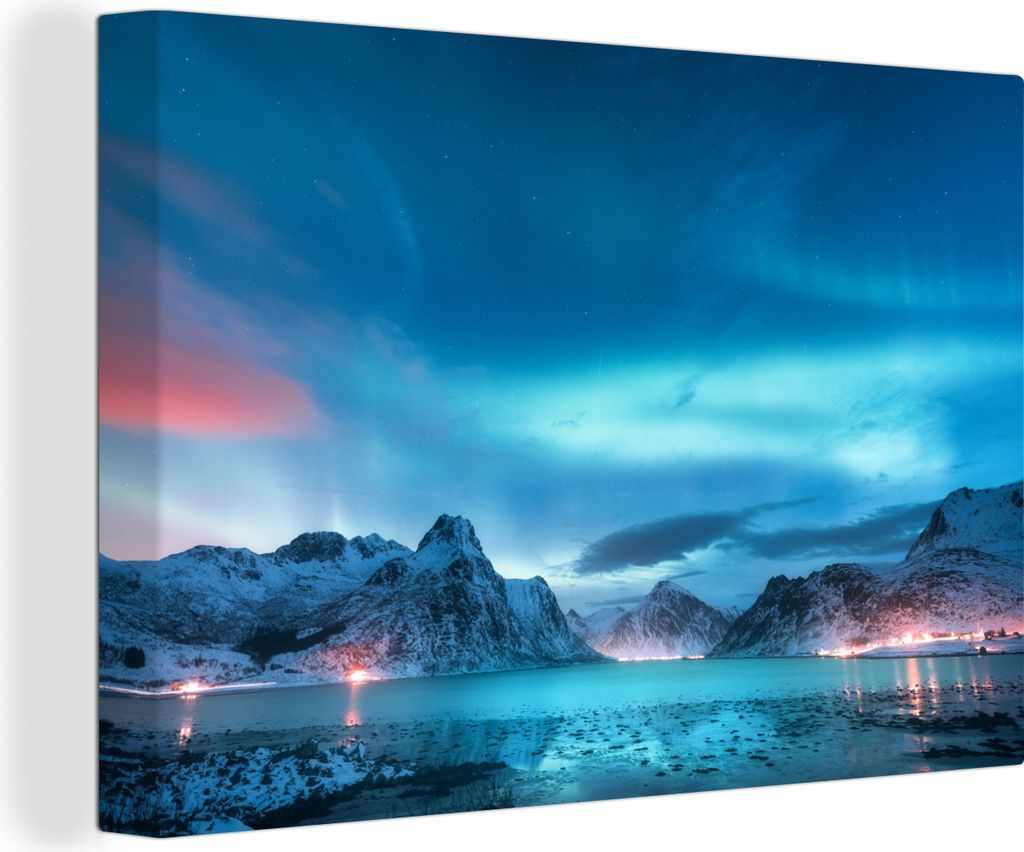 OneMillionCanvasses - Leinwandbilder - 150x100 cm, Nordlichter - Schnee - Berg - Nacht, Wandbilder Kunstdruck Wanddekoration
