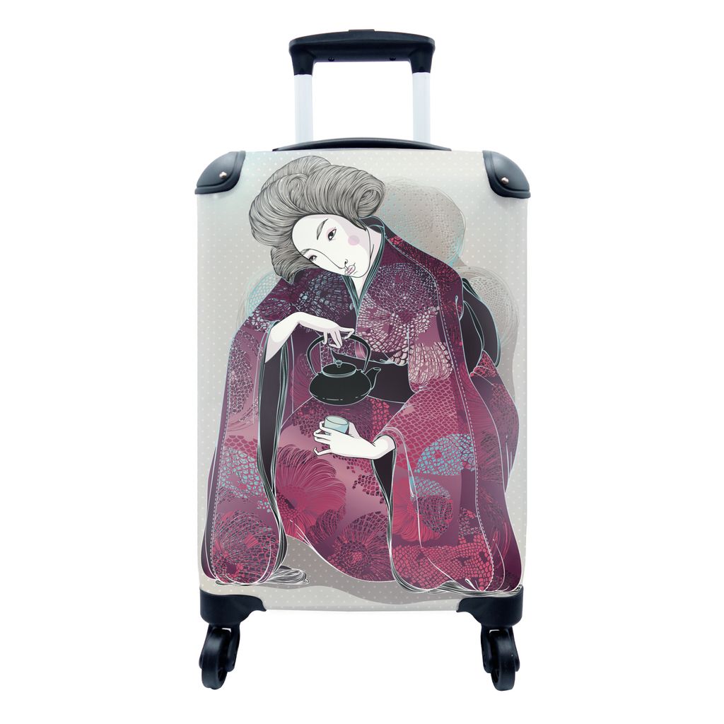 MuchoWow Koffer Handgepäck Trolley Rollkoffer Kleine Reisekoffer mit 4 Rollen - Japanische Illustrationen - Frau - Teekanne - Cabin Size < 55x40...