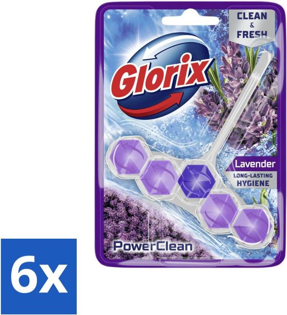 Glorix - Toilettenblock - Power Clean Lavendel - Frischer Duft - 1 Block - Vorteilspack - 6 Stücke
