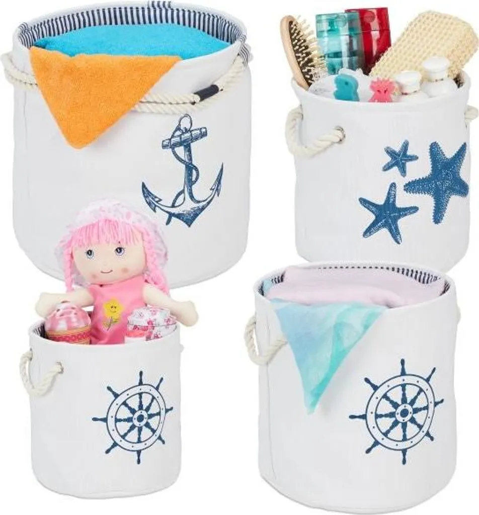 Panier de rangement style marin lot de 4 - paniers en osier et tissu