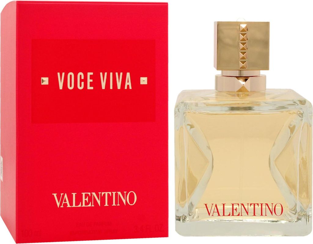 A product shot of a Valentino perfume bottle and its box.