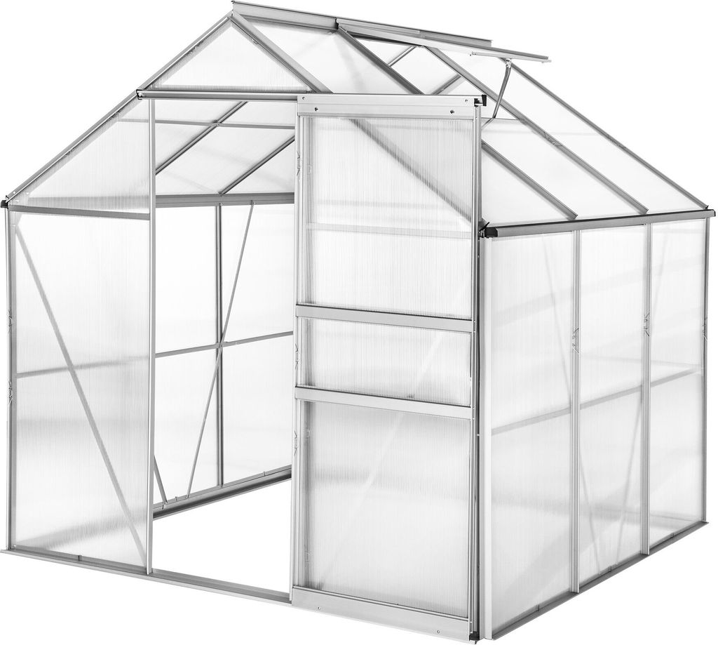 A greenhouse with an open door, shown from a slightly angled front view.
