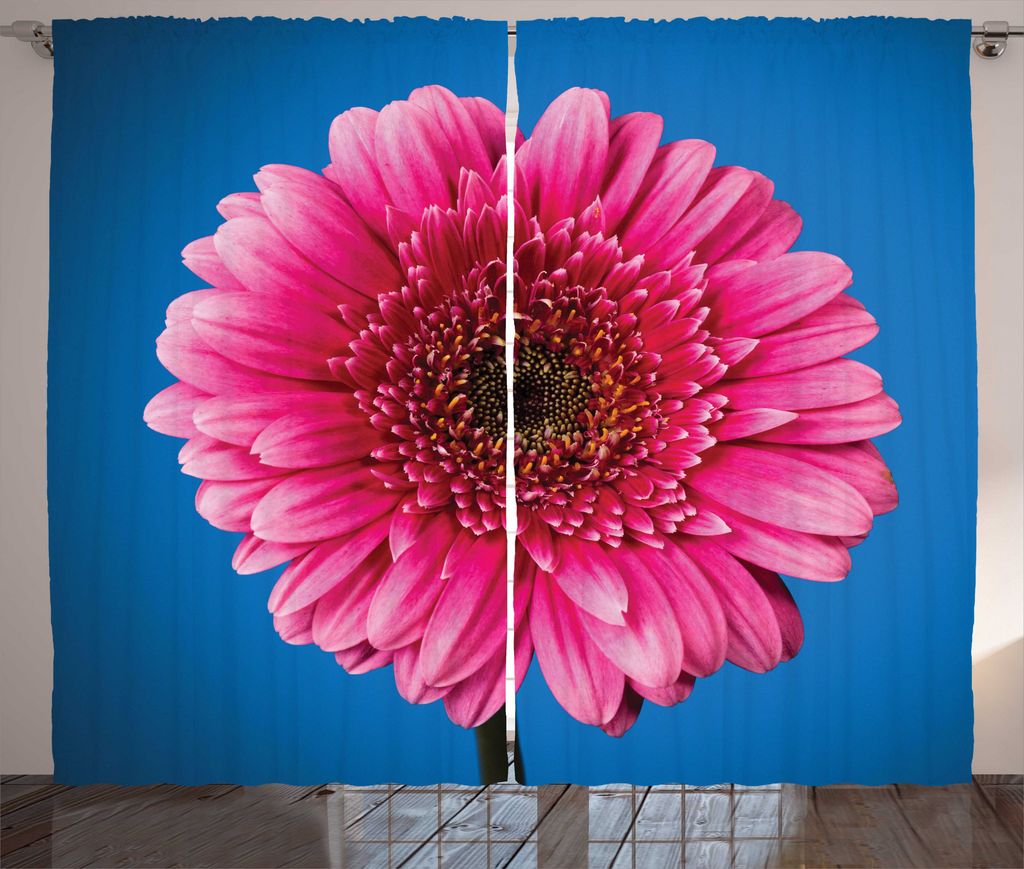 ABAKUHAUS Dunkelpink Rustikaler Gardine, Gerbera-Blüten, Schlafzimmer Kräuselband Vorhang mit Schlaufen und Haken, 280 x 225 cm, Azure Blau-Pink