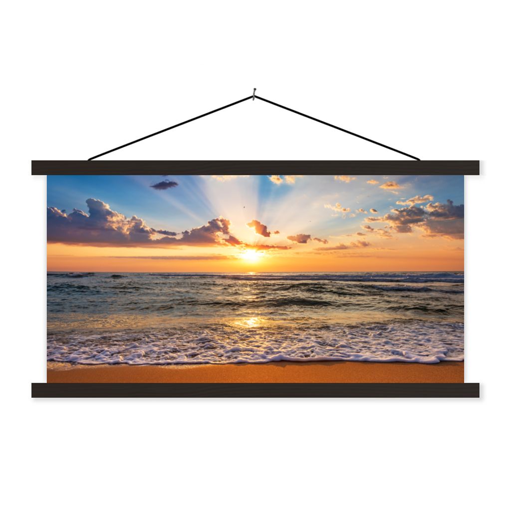 MuchoWow Textilposter Strand - Sonnenuntergang - Meer - Wolken - Horizont 90x45 cm mit schwarzem Rahmen - Klemmleisten