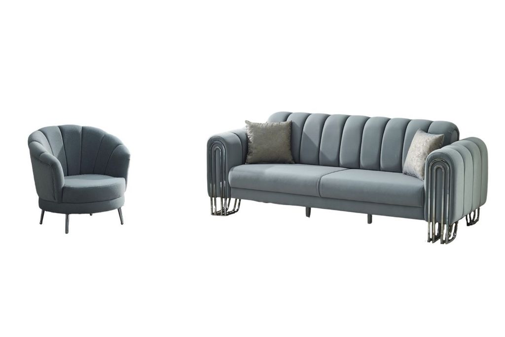 Villa Möbel Sofa Set Bloom Hellgrau Stellvariante:2+1 Relax- und Bettfunktion, pflegeleichter Mikrofaser Samtstoff