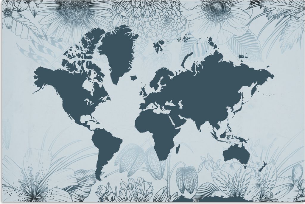 MuchoWow Poster Weltkarte - Retro - Blumen 180x120 cm - Fotoplakat