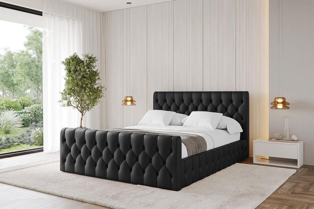 ALTDECOR Polsterbett mit Bettkasten - LARO-Z 160x200 Schwarz Kunstleder - Bett mit Kopfteil, Boxbett ohne Matratze, Doppelbett mit Stauraum