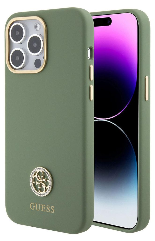 Etui silikonowe Guess z logo 4G rhinestone do iPhone 15 Pro Zdjęcie produktu 