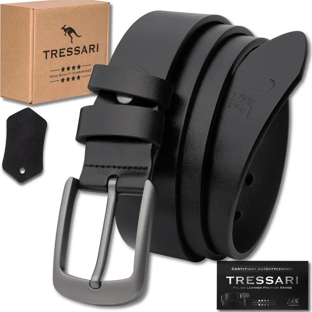 Cintura da uomo TRESSARI 125 cm 100 % pelle naturale, pelle nera per pantaloni