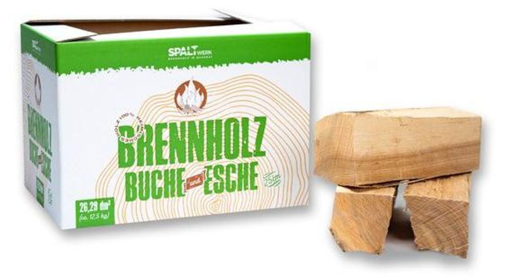 Ofenfertiges Brennholz Buche Esche 25cm Scheitlänge 24,5dm³ im Karton (15-21% Restfeuchte)