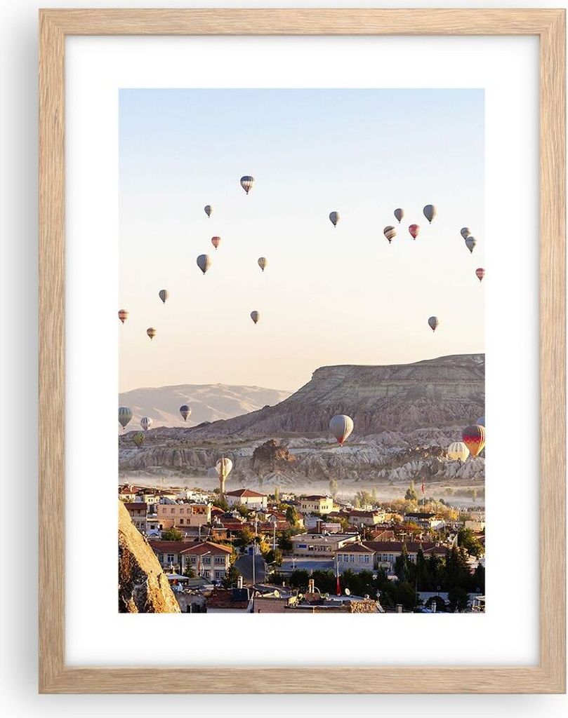 Gerahmtes Poster - Rahmen in heller Eiche - Berge Ballon Flug - 30x40 cm - Wand Bild - Wanddeko - Wandbilder - Wandposter - Bilderrahmen - Bilder -...