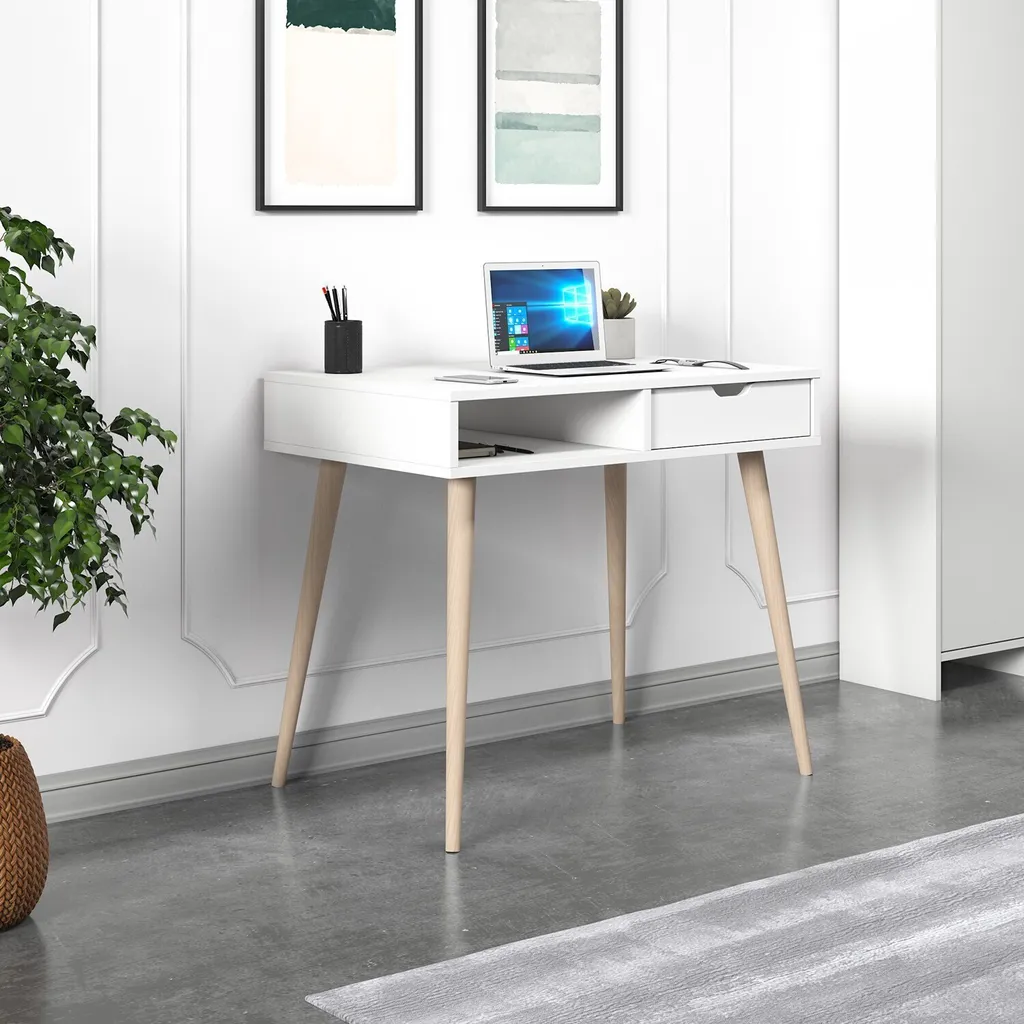 Petit Bureau Informatique Blanc et Bois 90cm pour Chambre ou Studio