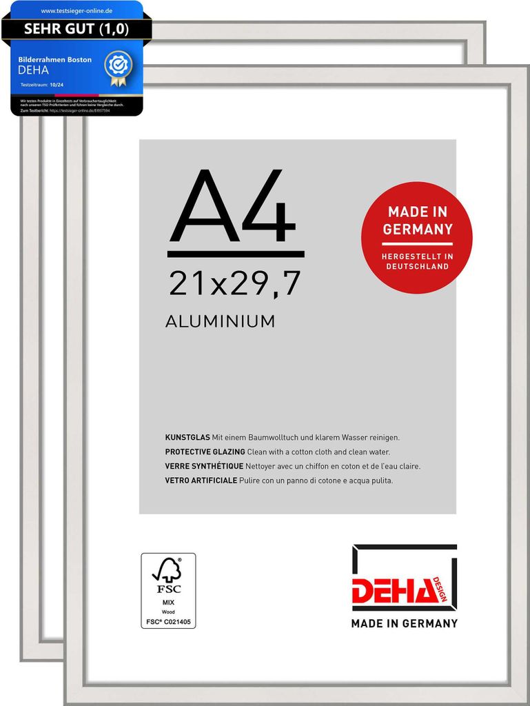 DEHA Design Bilderrahmen Boston (2er Set), A4 21x29,7 cm, Aluminium Silber