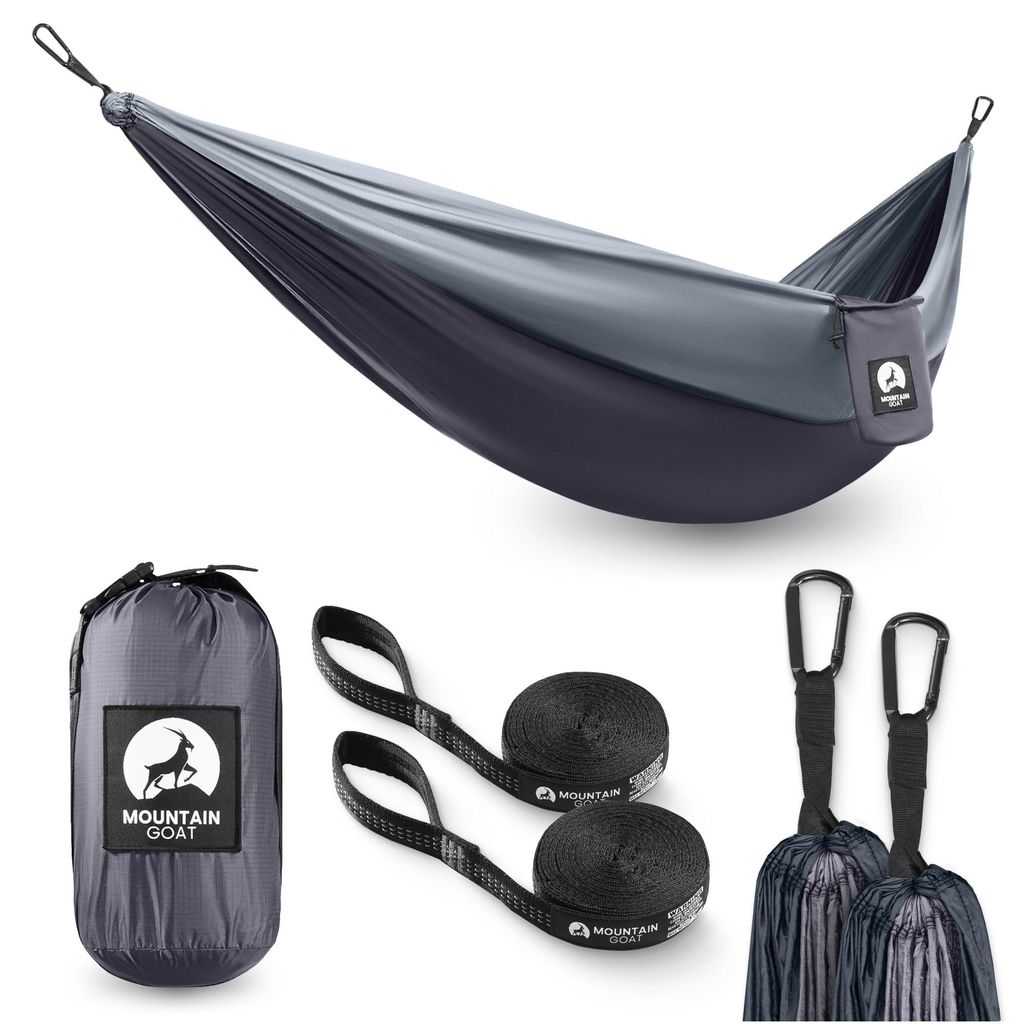 MOUNTAIN-GOAT-Trekking-Hängematte, Ein-Person 270 × 140 cm, 210T Nylon, 0,8 kg, grau-graphit