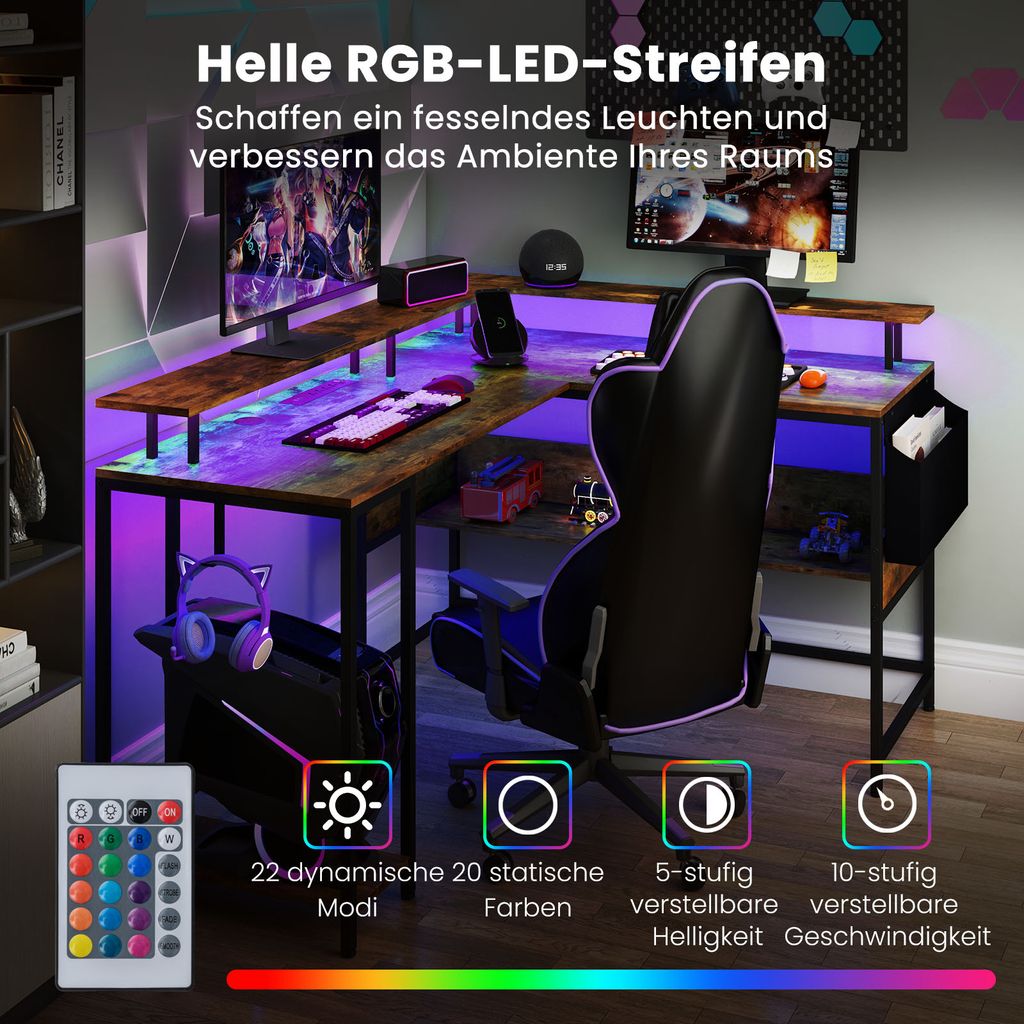 Bureau D'Angle Avec Station De Charge Bureau De Jeu Avec LED Plateau Pour Clavier Et Support Pour Écran Bureau D'Ordinateur Noir